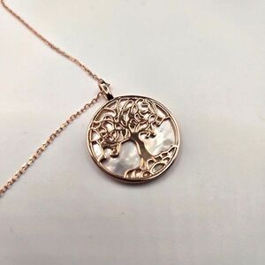 Tree Of Life Rose Gold Necklace Mother Of Pearl Pendant 18" Chain Sterling 925 G
